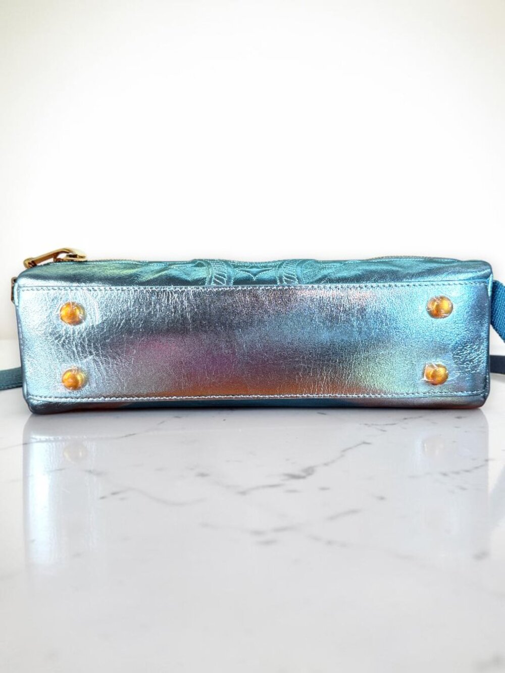 Sharif 1827 Metallic Peacock Blue Embossed Leather Crossbody Shoulder Bag - Picture 8 of 13